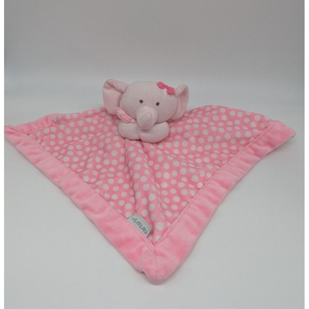 Carters Elephant Bow Pink White Polka Dots Baby Girl Security Blanket Lovey 13"